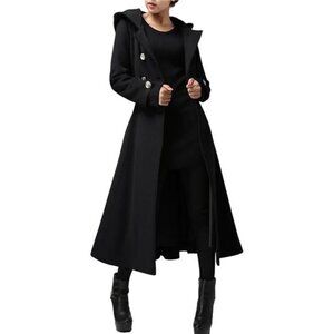 Women's Long Double Breasted Hooded Coat Winter Warm Wool Trench Coat
